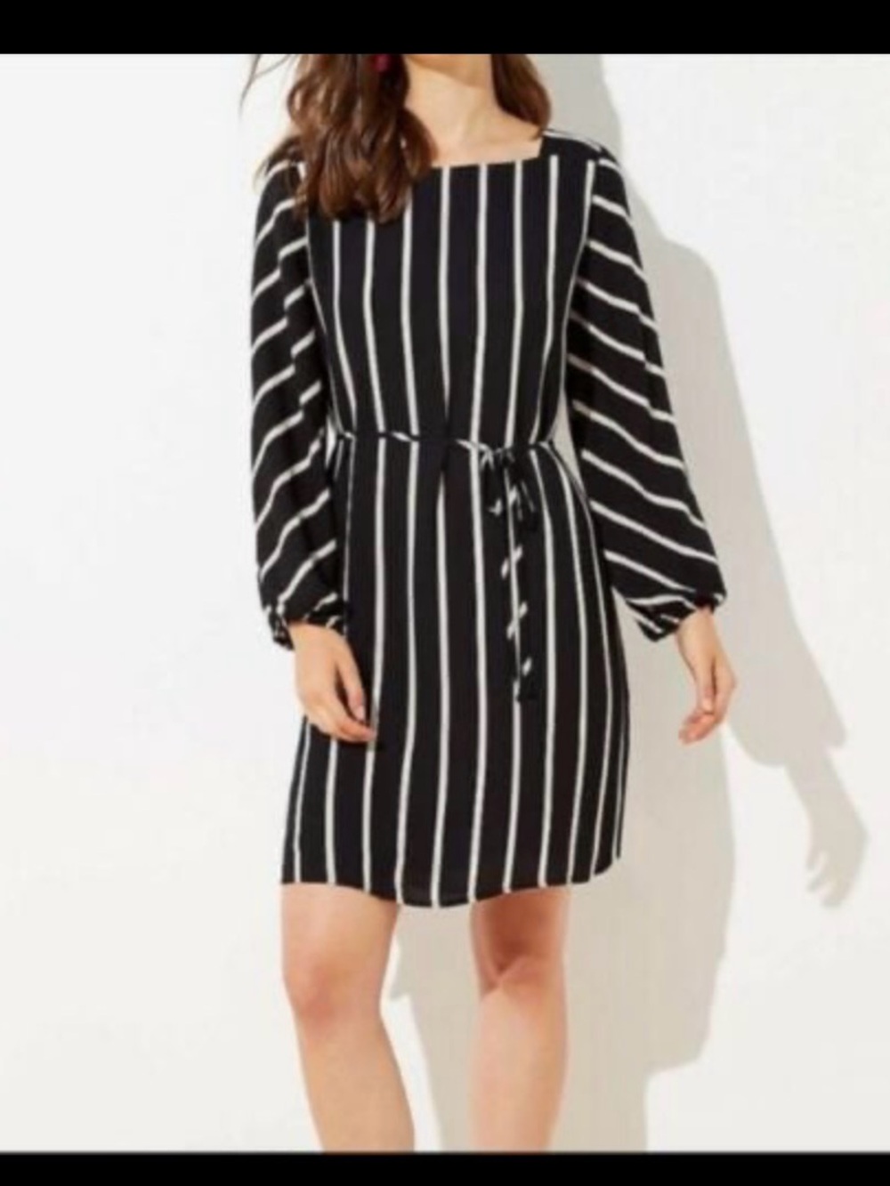 LOFT Black and White Striped Long Sleeved Shift Mini Dress